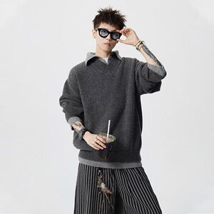1506/M50121/P71两件v领毛衣男款冬季翻领老钱风针织衫上衣1图片