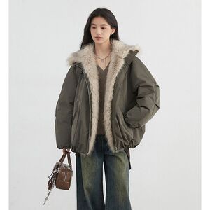1506/Q88560/P95高级拼接毛领花苞派克服棉衣男女同款图片