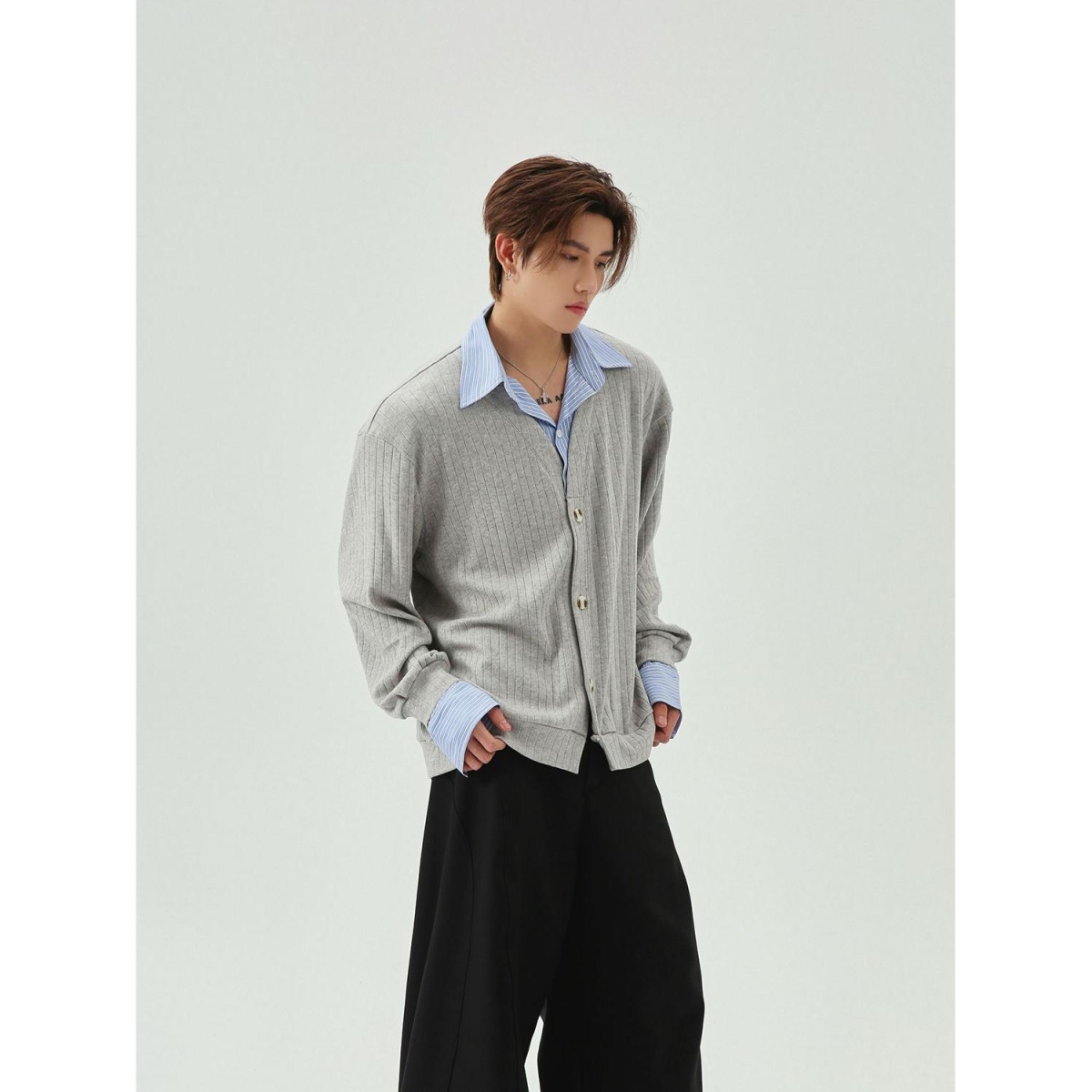 1506/QC5630/P72假两件针织衫男潮流衬衫拼接开衫外套男3，男装针织衫/毛衣，星座1506-1