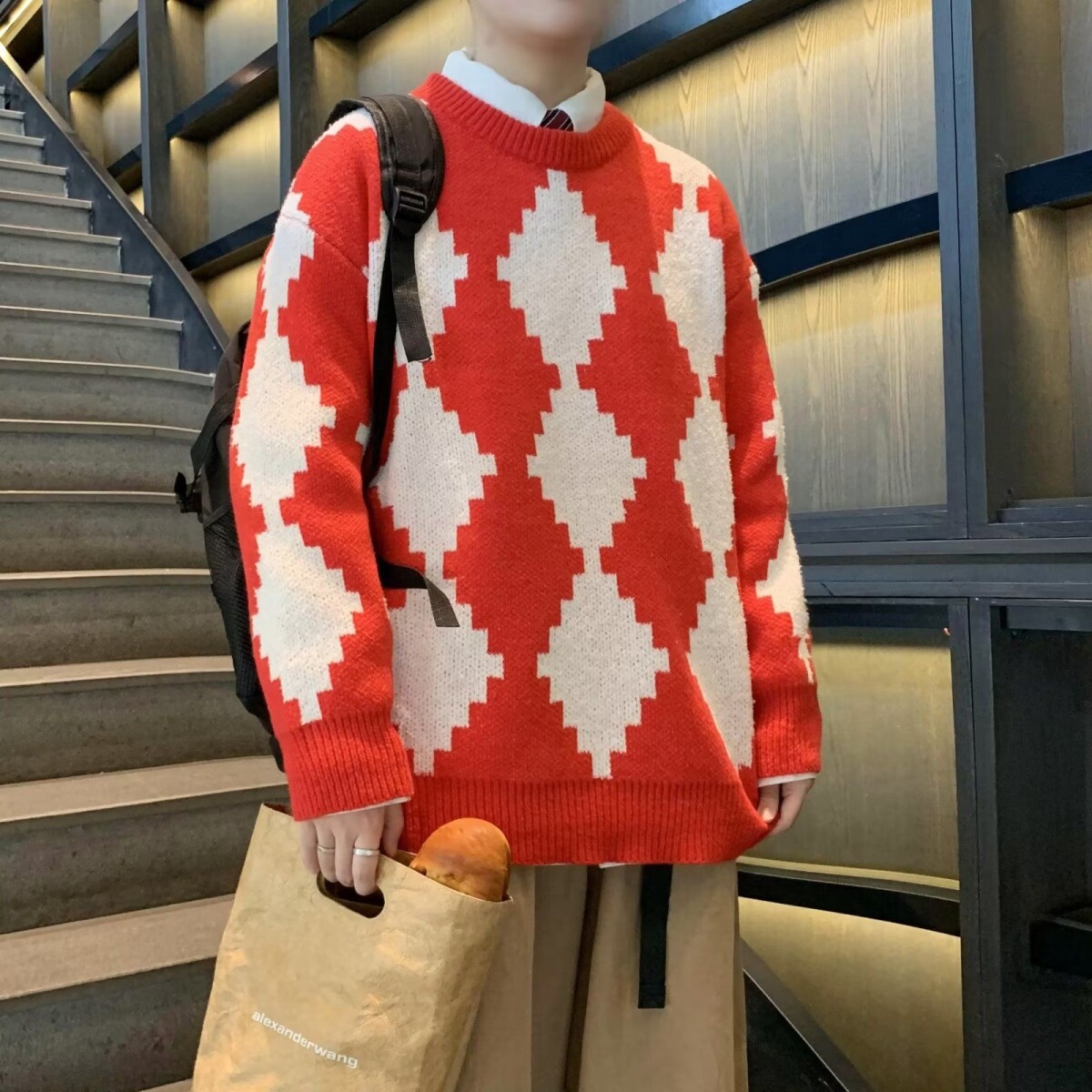 1506/M01321/P49秋冬季毛衣男圆领套头潮牌宽松港风学院风针织衫2图片