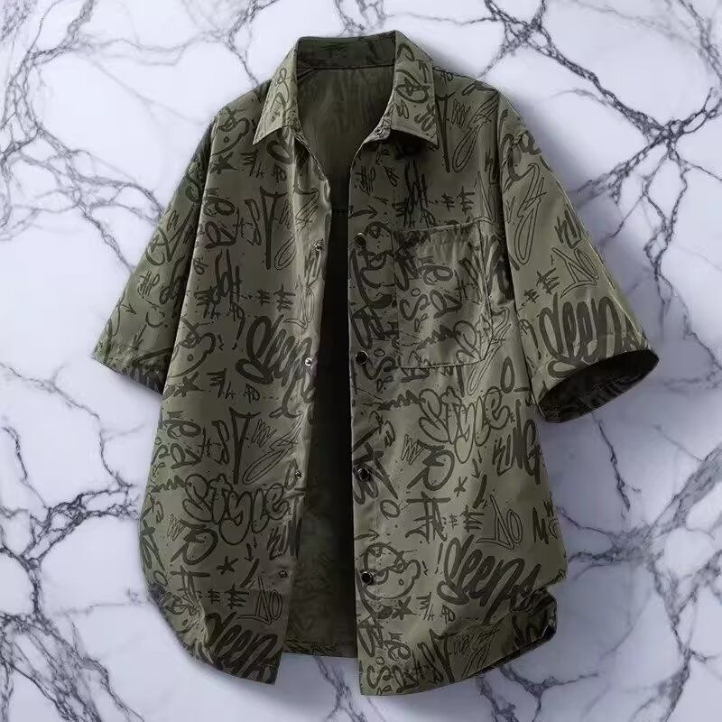 GENIOLAMODE复古翻领冰丝短袖衬衫男士夏季潮牌涂鸦宽松衬衣外套,男装衬衫,星座1506-1
