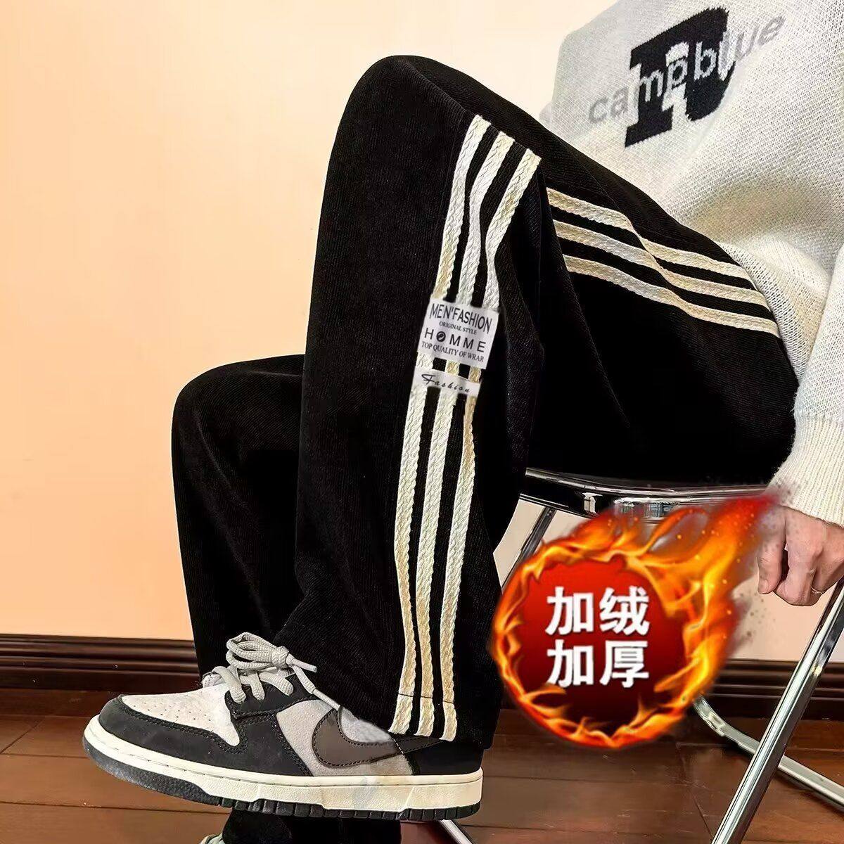 1506/KK076加绒1/P34条纹裤子男款秋季港风运动直筒长裤休闲裤2图片