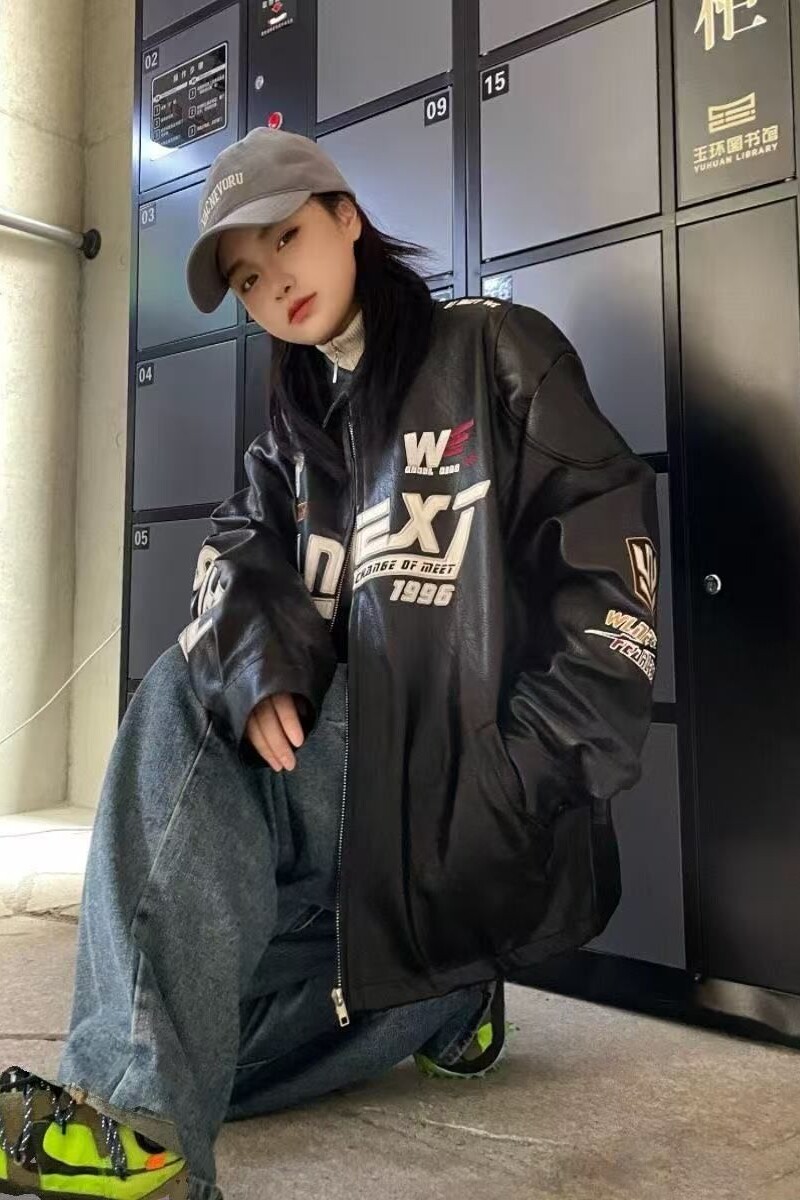 1506-1/JC031/P74美式复古字母刺绣圆领pu皮衣夹克男,男装皮衣,星座1506-1