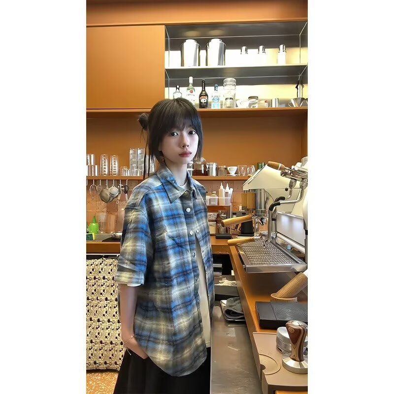 1506-1/CHJ851/P36撞色日系格子衬衫男复古潮牌宽松bf休闲外套,男装衬衫,星座1506-1