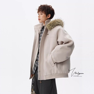 1506/M3671/P86大毛领连帽棉服男款冬季毛呢外套棉衣2图片