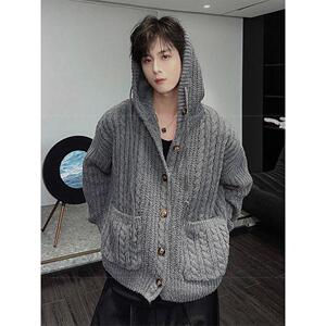 1506-1/MGT341/P79秋冬慵懒感宽松短款纽扣针织帽衫图片