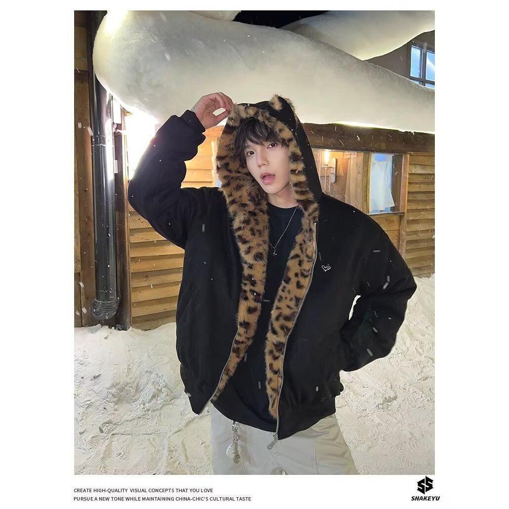 1506-1/Q86221/P95外套男潮流宽松高质量重磅鹿皮绒豹纹棉衣,男装棉衣,星座1506-1
