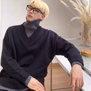 1506/M9101/P52秋冬季纯色假两件拼接V领套头针织衫男2图片