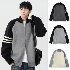 1506-1/MYM1551/P56潮牌立领撞色针织外套男生休闲毛线衣图片