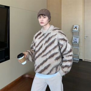 1506/MX0271/P57秋冬水貂绒条纹毛衣男圆领套头休闲潮牌针织衫1图片