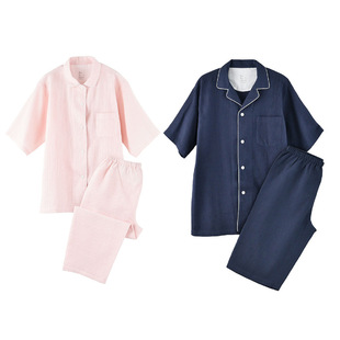 日式高端品质男女华夫格睡衣短袖无侧缝纯棉格纹家居服情侣套装