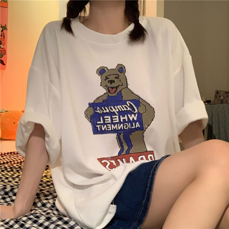 Real shot loose and lazy style retro short sleeve T-shirt cartoon printing