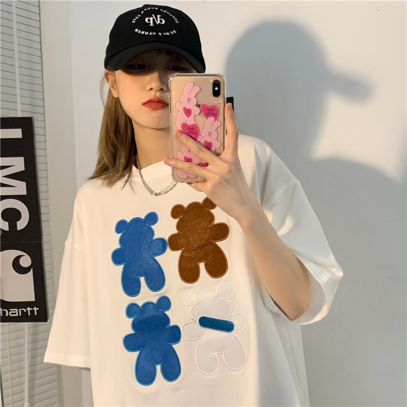 Real shot bear print short sleeve loose T-shirt for female summer Korean Students