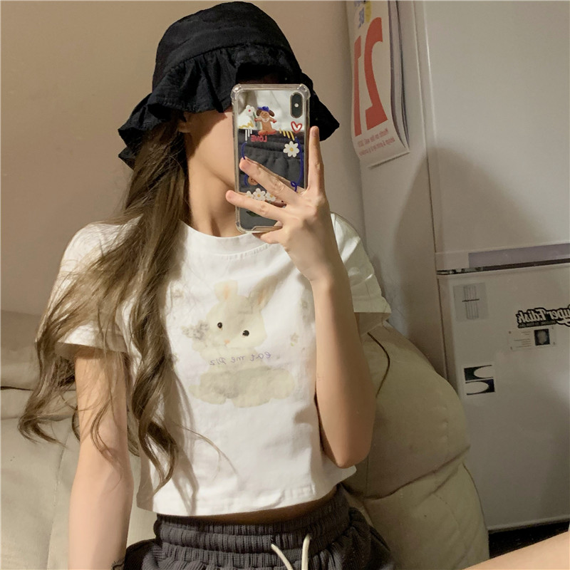 Real time cartoon print round neck T-shirt, fashionable slim and navel revealing short white top