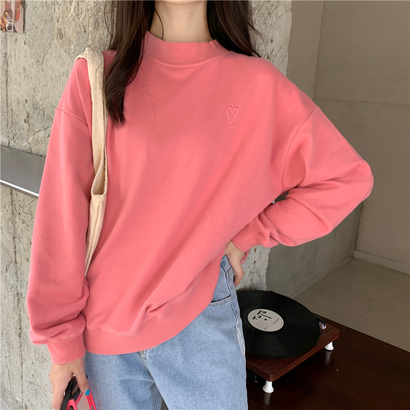 Real shot new loose fashion ins half high collar embroidery love pure cotton sweater woman