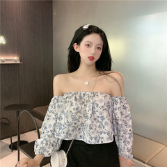 Real shot Xinji one shoulder Short Sleeve Shirt Short retro floral bubble sleeve shirt