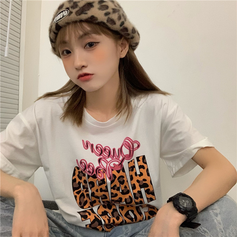 Real shot letter leopard print round neck Short Sleeve T-Shirt Top