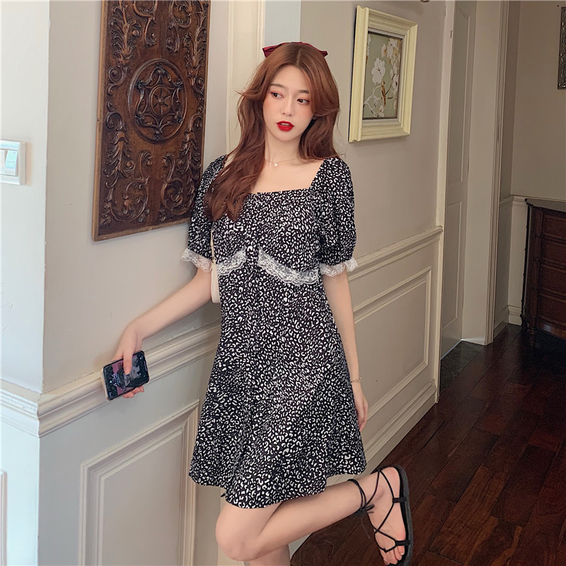 Real shot ghost horse girl's one line collar two wear small milk leopard medium length dress