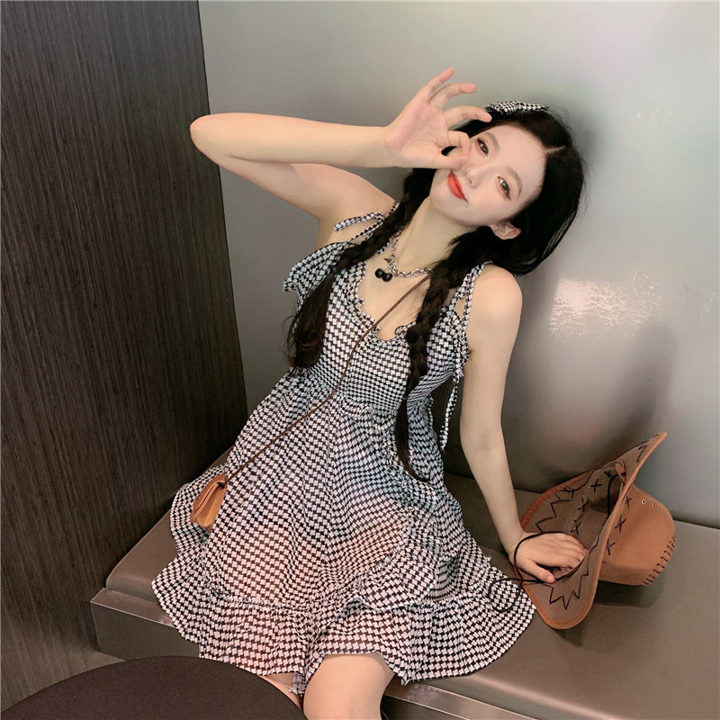 Real shot thousand bird pattern summer V-neck suspender with waist closed and thin wood ear Plaid Dress