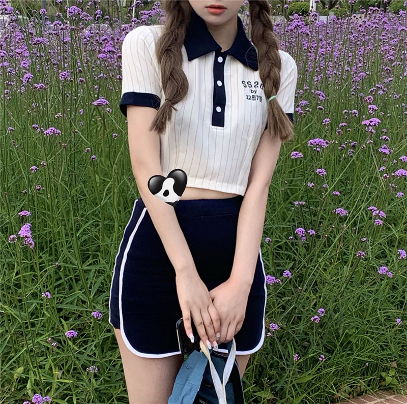 Live shot baseball girl campus polo collar stripe short T-shirt + skirt suit