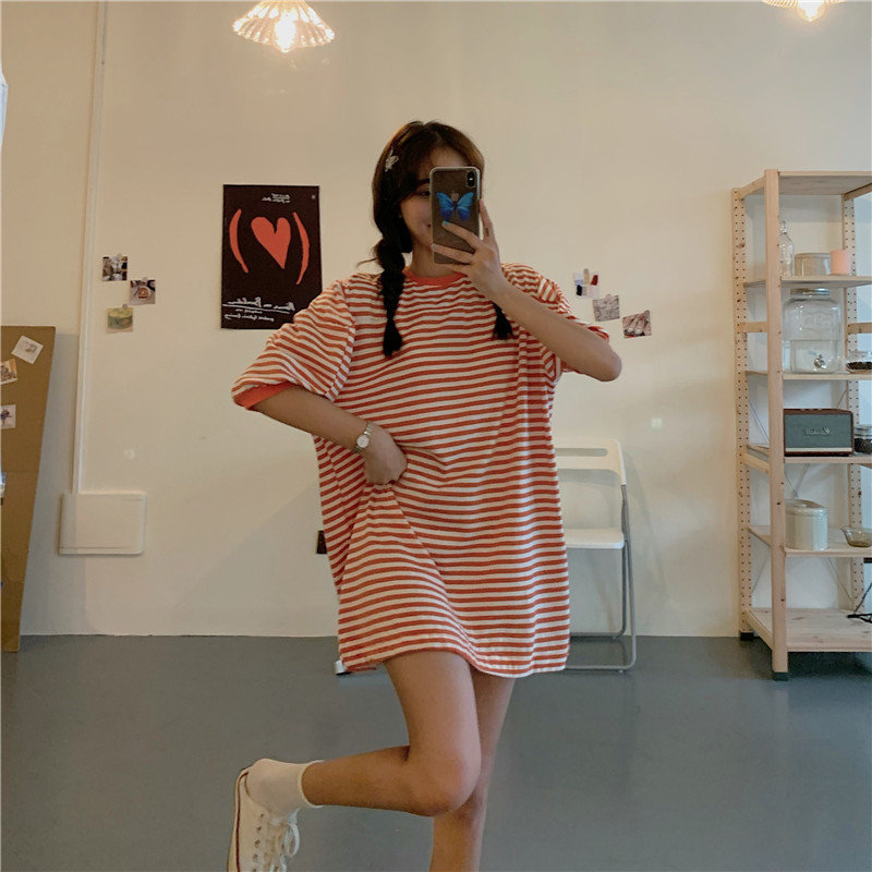 實拍  韓版chic鹽系寬鬆bf短袖上衣條紋T恤女洋氣外穿打底衫