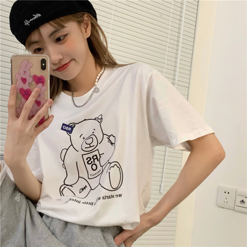 Bear t-shirt female summer loose white short sleeve