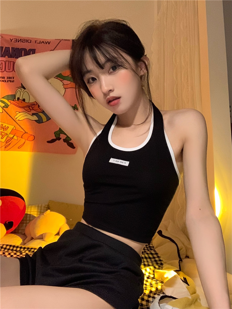 Real shot hanging neck small sling female letter navel vest top bottom