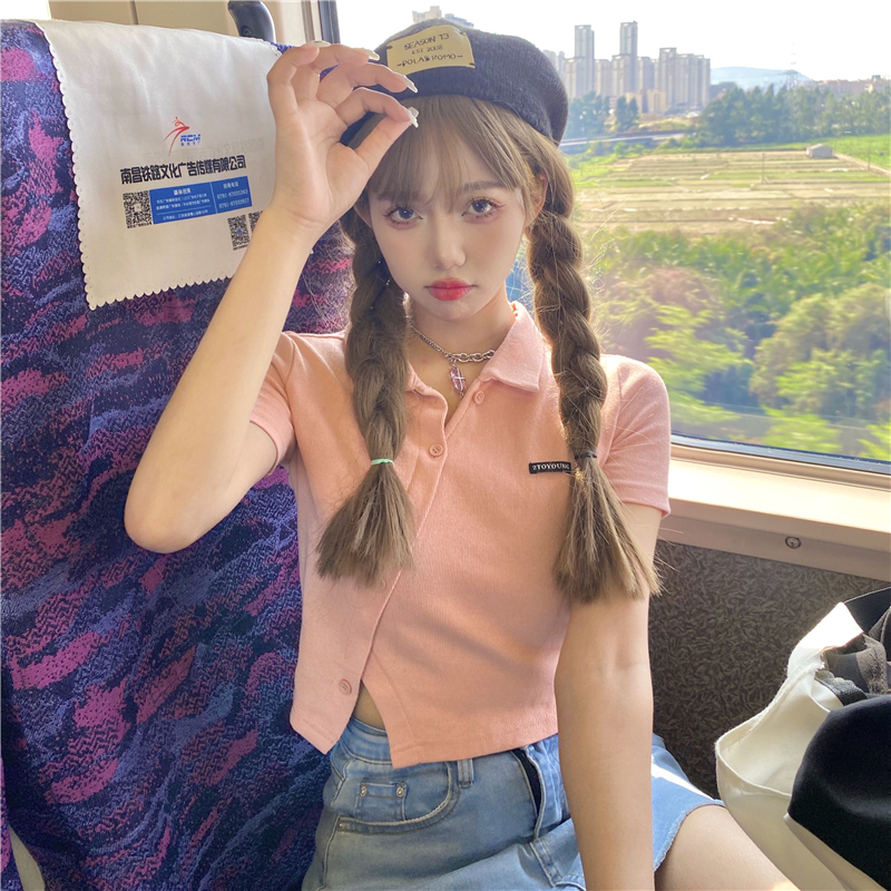 Real polo collar short T-shirt slim design sweet and spicy pink short sleeve