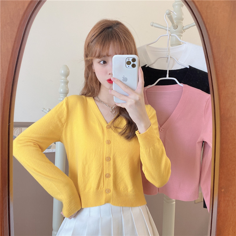 Real shot spring knitted cardigan women's small short V-neck with long sleeve sweater coat