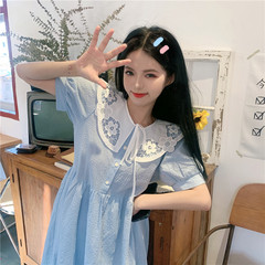 Real shot first love hollow out baby collar bubble sleeve small blue fairy dress