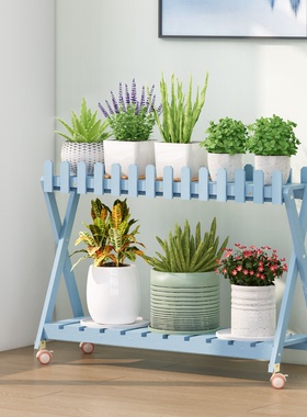 阳台实木花架双层可移动落地式置物架户外庭院多肉带栅栏花盆架子