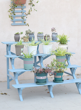 多层阶梯式实木花架复古蓝色四层吊兰防水花盆架加落地式可配轮子