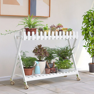 3Q生活馆白色带栅栏实木花架阳台多层带轮可移动木质落地花盆架子
