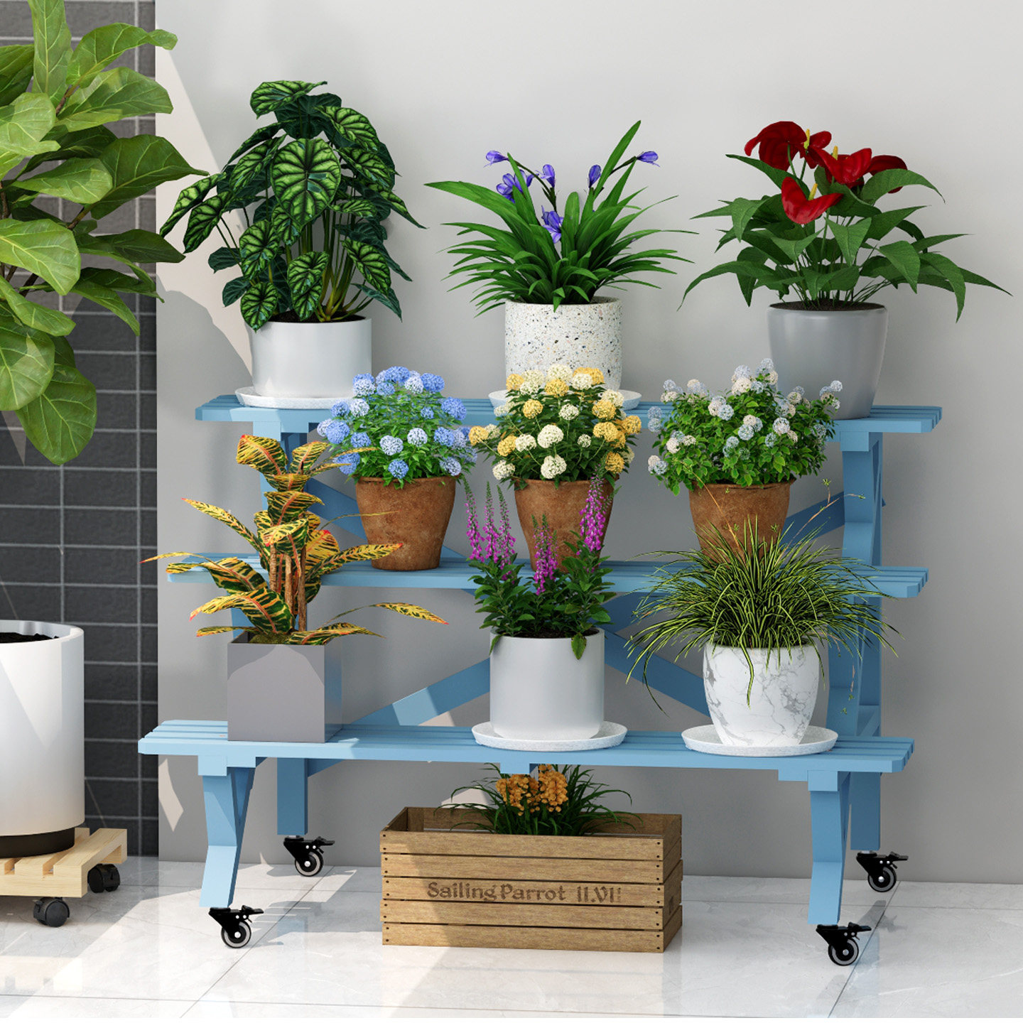 阶梯式三层实木花架地中海阳台花园多肉花盆架户外防腐多层置物架