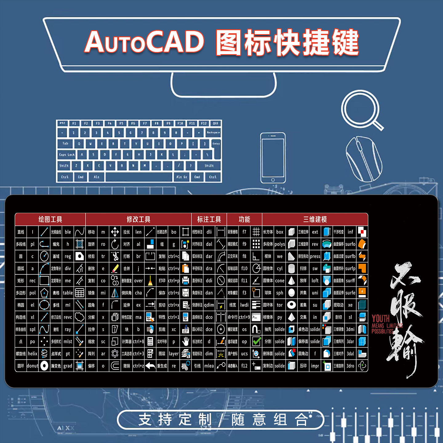 CAD快捷键鼠标垫AutoCAD二维三维命令机械室内建筑设计办公桌垫