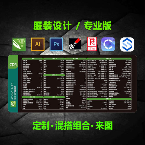 服装设计CDR鼠标垫AI矢量学习ET制板快捷键富怡CAD打板绘图PS桌垫