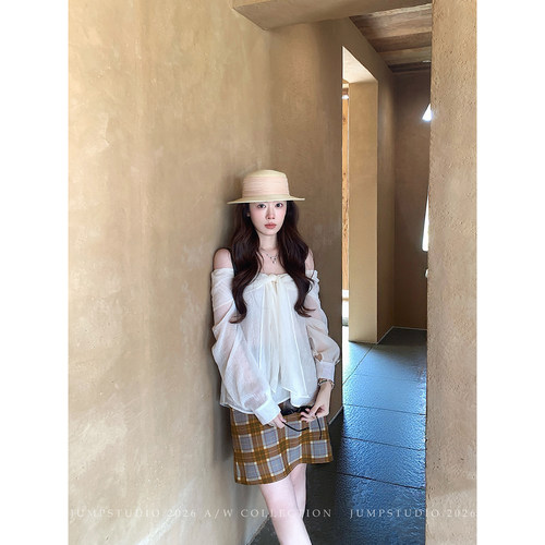 草莓跳 莱赛尔复古格纹波点半身裙女秋季高腰显瘦百搭a字包臀裙子