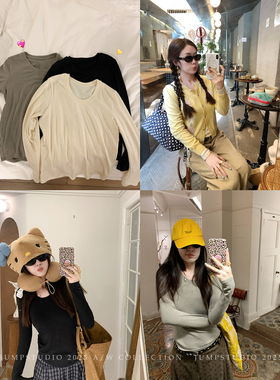 草莓跳 纯色羊毛u领打底长袖T恤女冬季慵懒亲肤修身显瘦百搭上衣