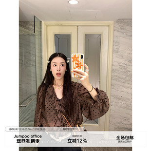 女秋季 波点衬衫 气质减龄衬衣宽松显瘦上衣 荷叶边v领喇叭袖 草莓跳