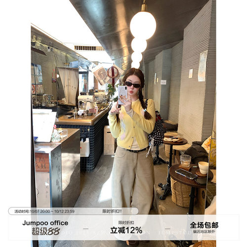 草莓跳 卡其色灯芯绒加绒休闲裤女冬季阔腿弯刀裤纯棉百搭裤子