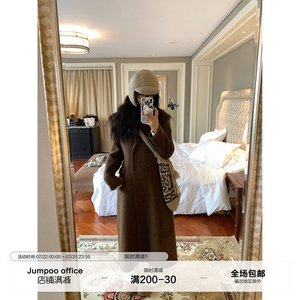 草莓跳 双排扣宽松纯羊毛长款大衣女冬季气质v领收腰正肩毛呢外套