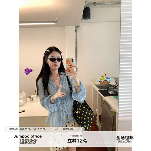 草莓跳 法式复古v领花边长袖防晒衬衫女夏季宽松显瘦薄款纯棉衬衣