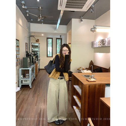 草莓跳复古极简立体裁剪休闲裤女秋季高腰显瘦弯刀裤宽松阔腿裤子