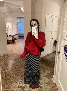 草莓跳 复古慵懒条纹针织半身裙女冬季高腰显瘦a字裙百搭长款裙子