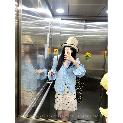 草莓跳  miu系复古花边波点半身裙女夏季高腰显瘦a字中长款裙子