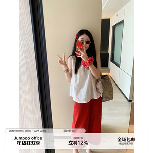 草莓跳 木耳边九分高腰垂感休闲裤女夏季设计感阔腿宽松百搭裤子