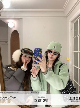 草莓跳 清新苹果绿休闲运动套装女冬季加绒连帽卫衣休闲裤两件套