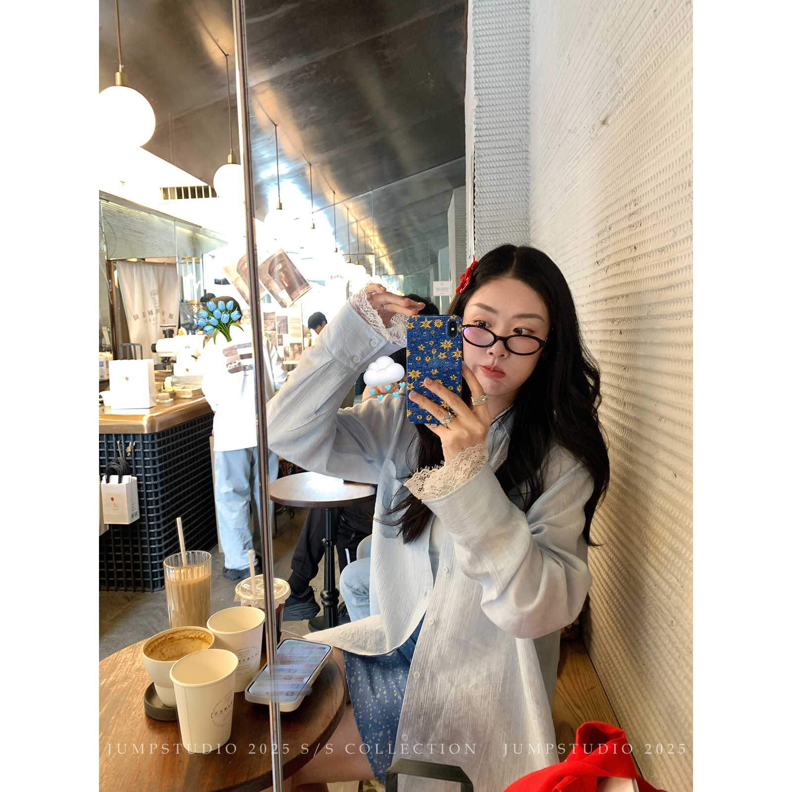 草莓跳 纯色蕾丝花边薄款防晒衬衫女夏季宽松休闲百搭透气衬衣