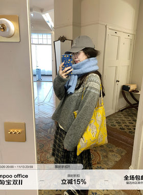 草莓跳 费尔岛提花羊毛圆领套头毛衣女冬季复古慵懒宽松显瘦上衣