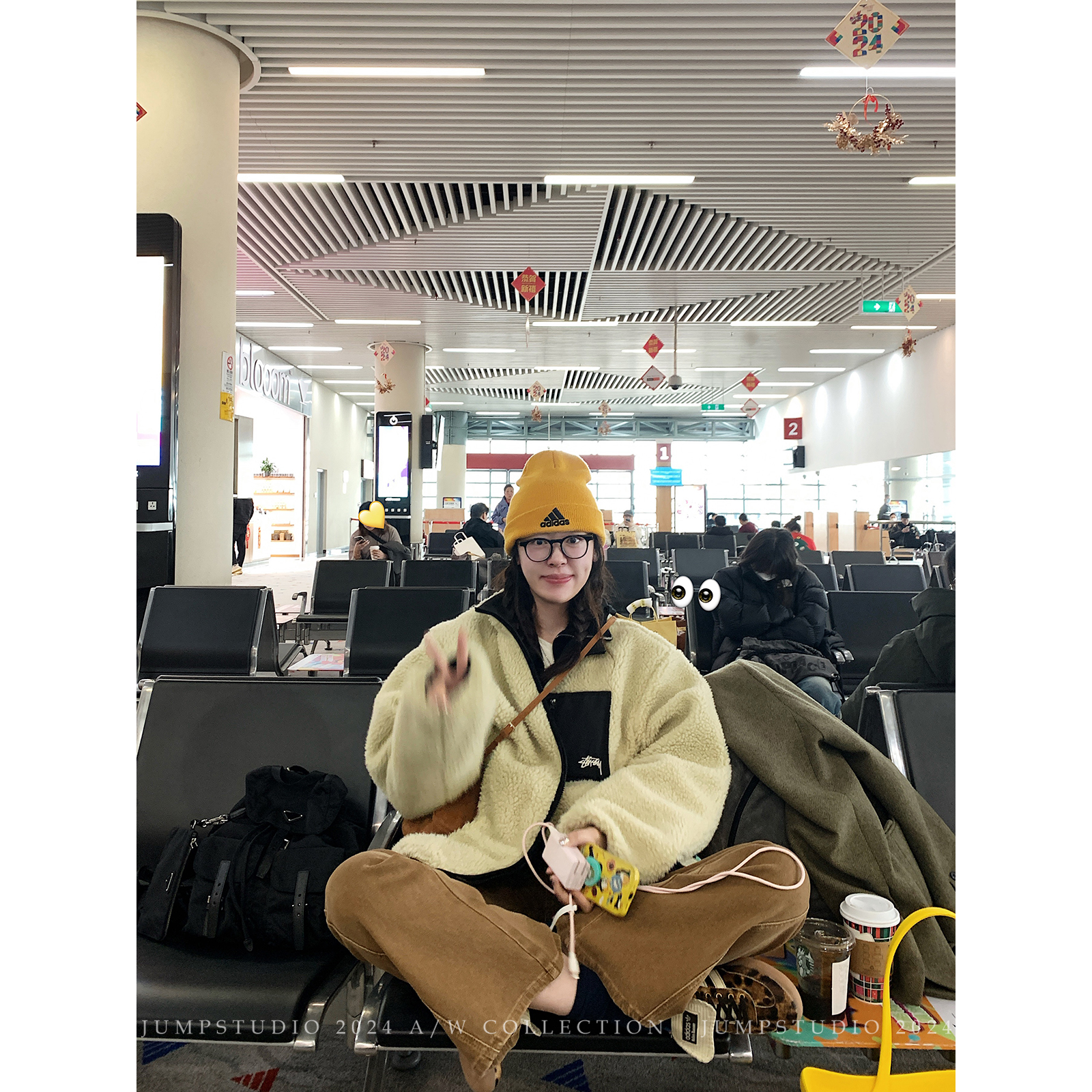 草莓跳 复古美式黑8仿羊羔毛外套女冬季双面穿宽松保暖夹克上衣